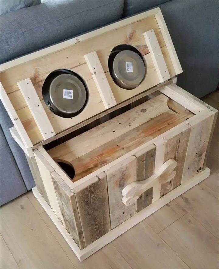 Pallet Dog Bowl Stand with Storage