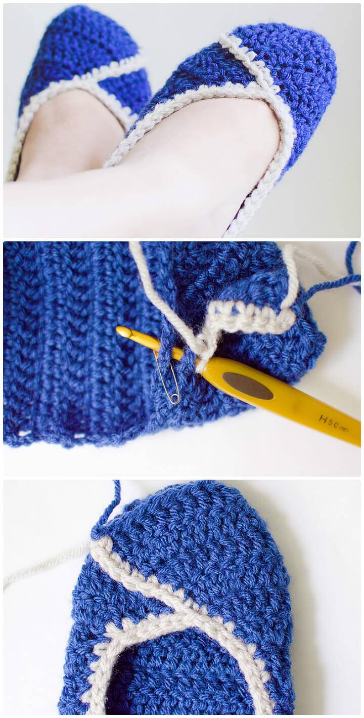 blue and white yarn knit slippers