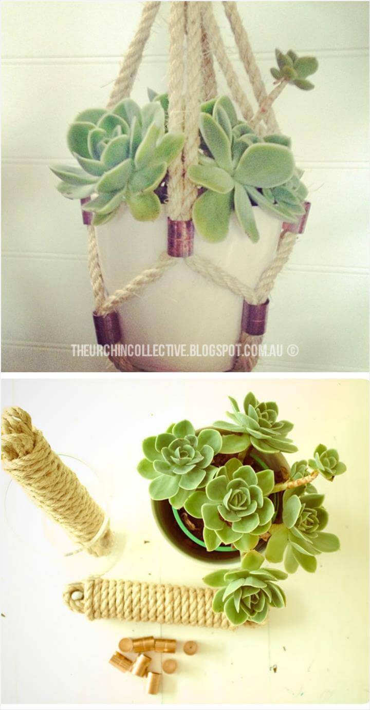 DIY rope and brass fittings plant hanger pattern
