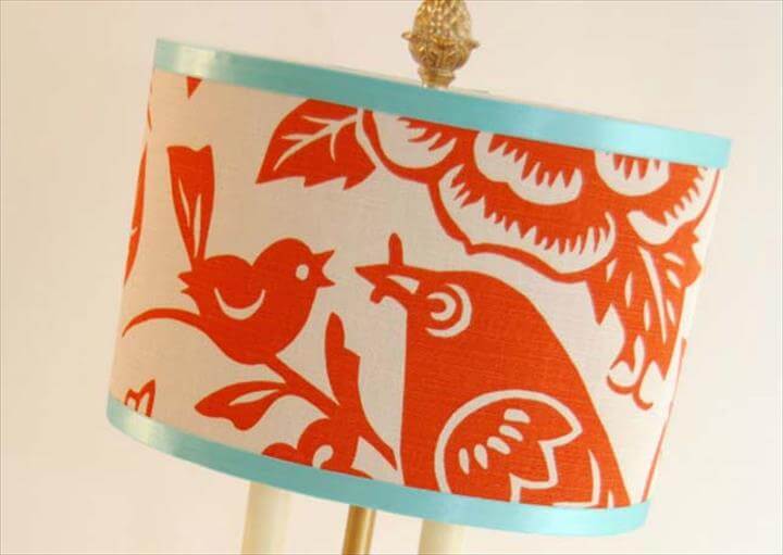 printed fabric and ribbon lampshade makeover