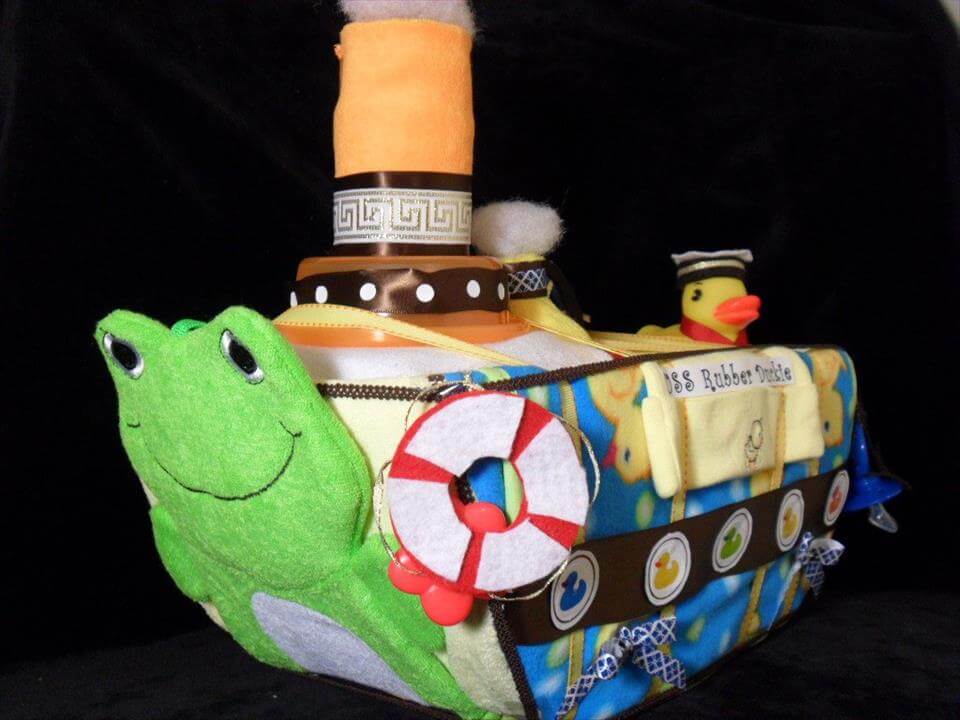 DIY rubber duckie diaper boat cake 