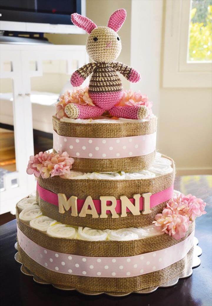 3 tier jurlap wrapped diaper cake