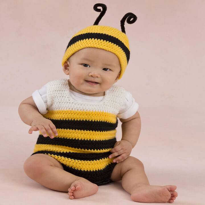 super cute baby bee playsuit and matching crochet hat