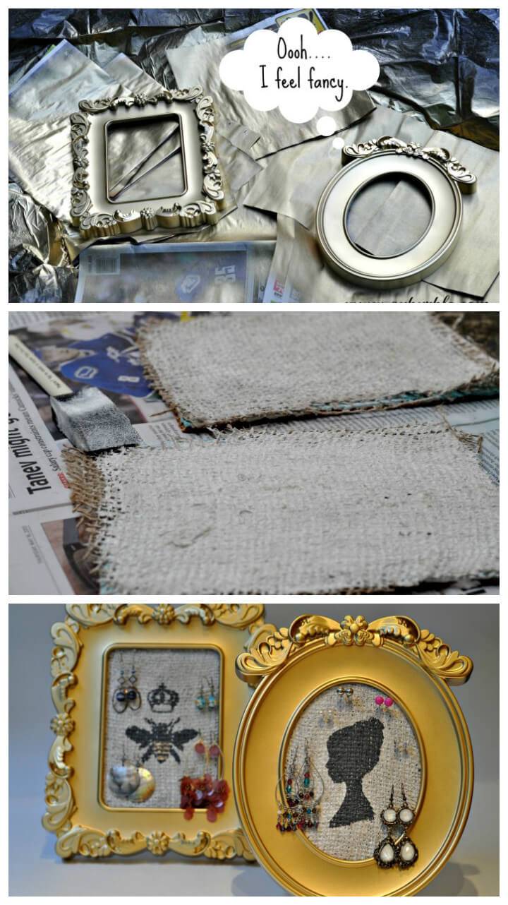 old frames and burlap jewelry organizer