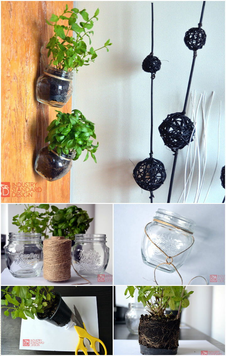 recycled Mason jars as hanging herb pots