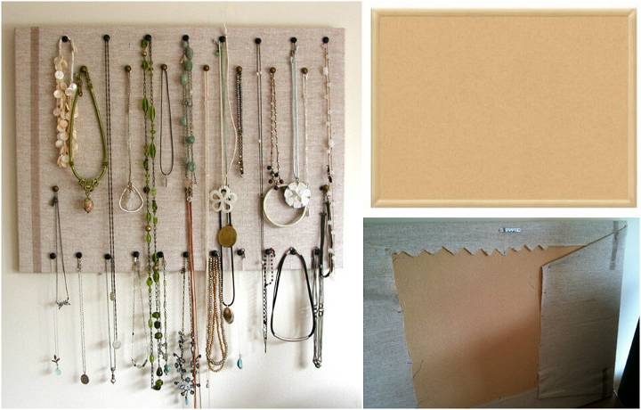 upcycled cork board and burlap jewelry organizer