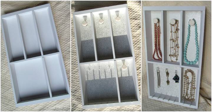 repurposed cutlery tray into jewelry organizer