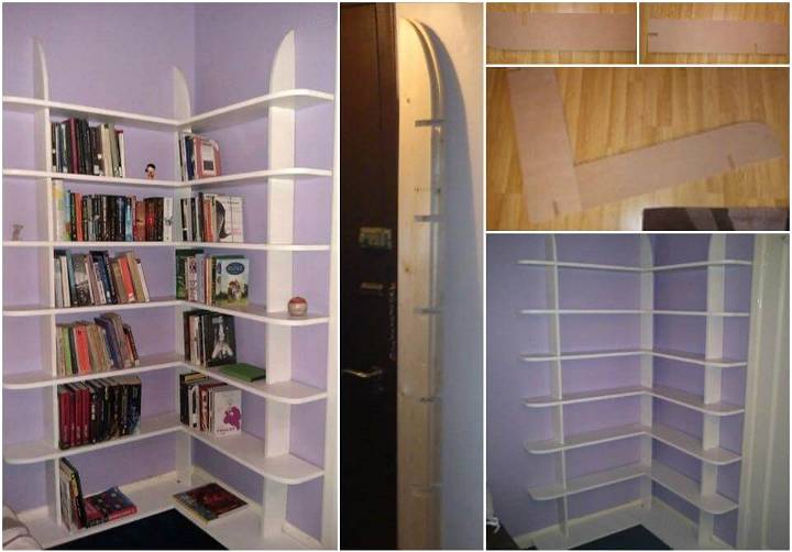 homemade white accent corner bookshelves