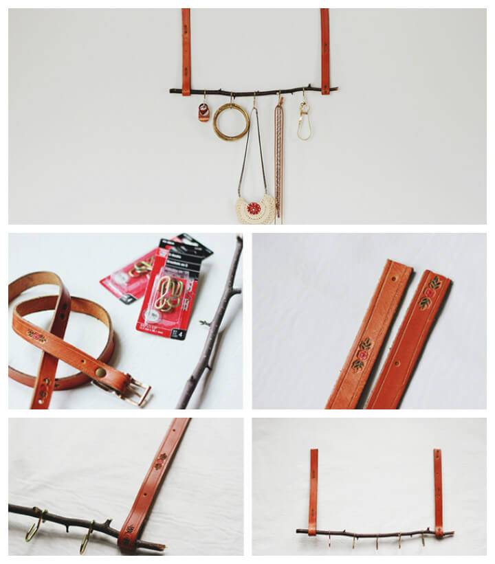 DIY old leather and twig jewelry organizer