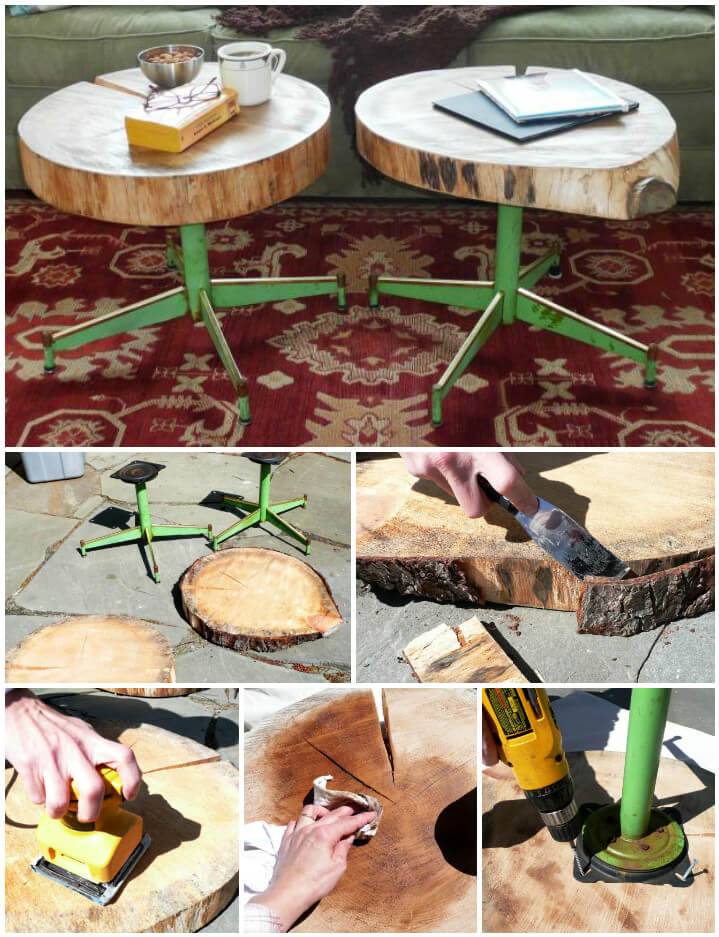 reclaimed old chair legs and wood log slices tables