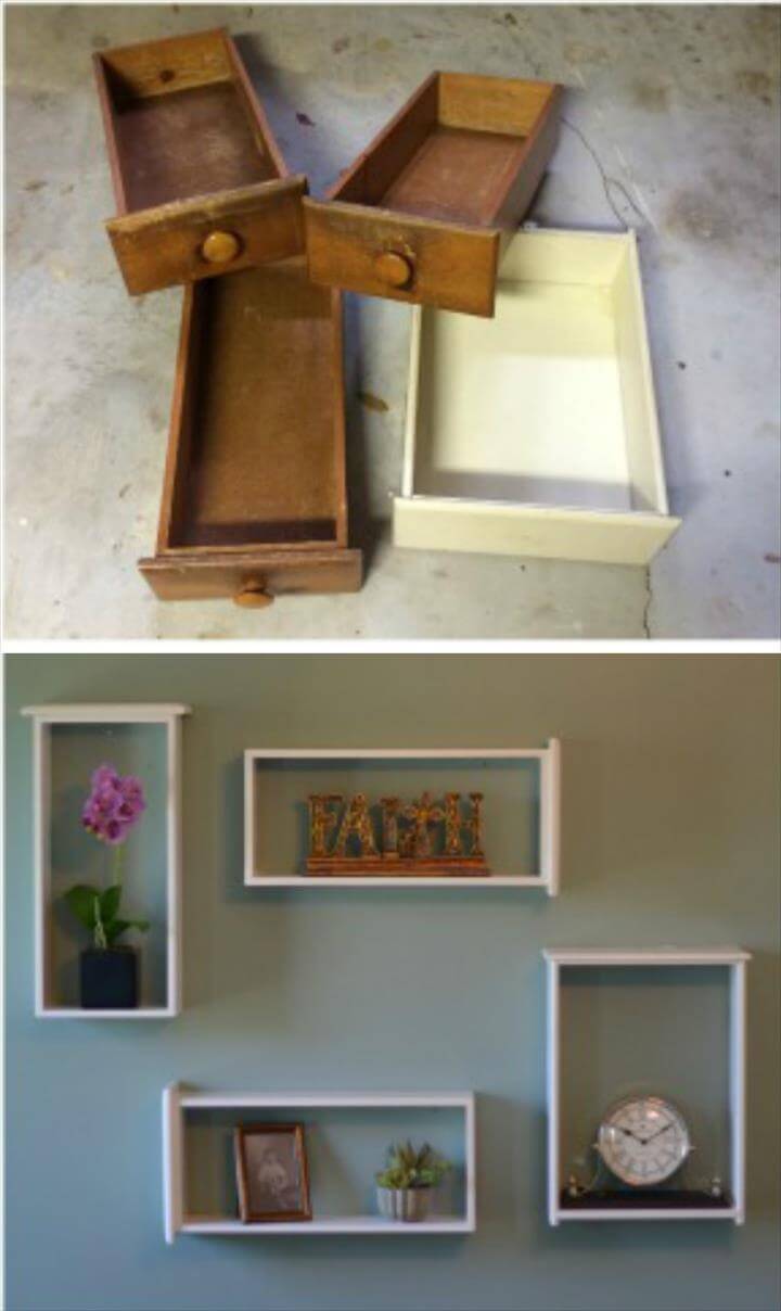 repurposed old drawers into geometrical wall display shelves