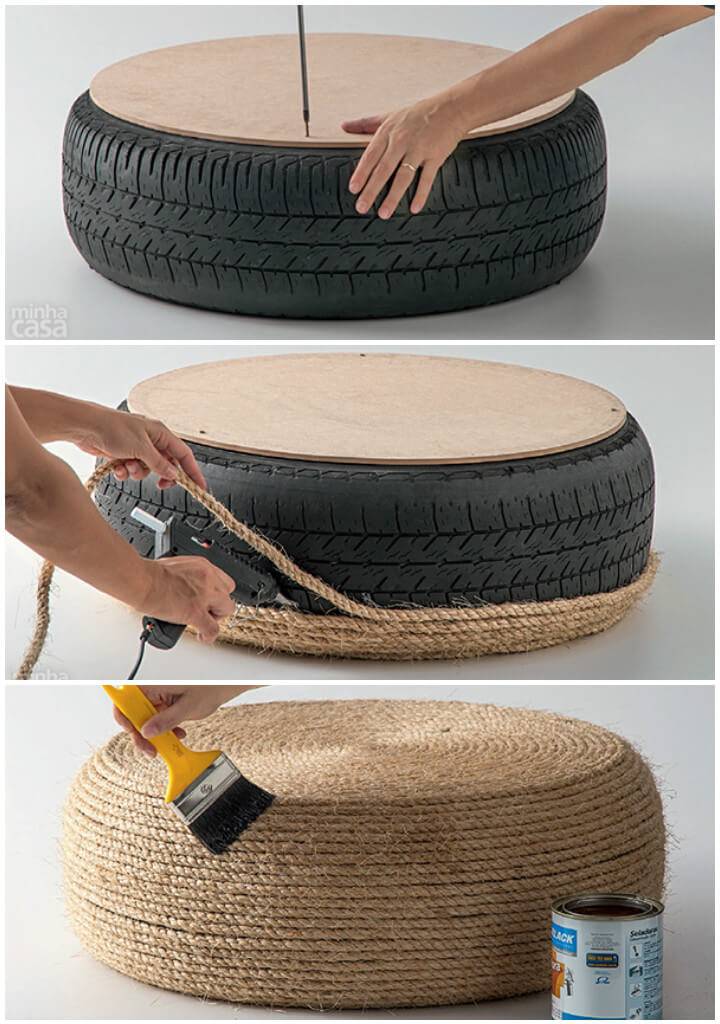 twine wrapped old tire ottoman