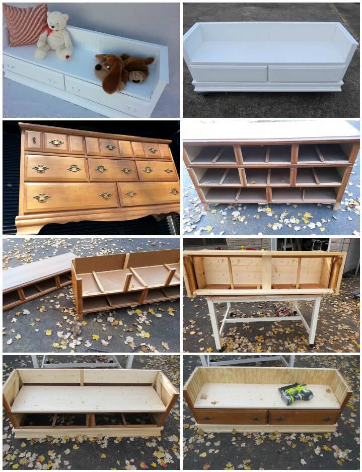 rebuilt old dresser into kids storage bench