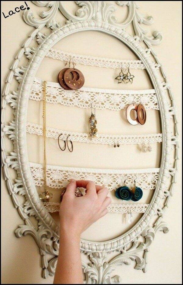old frame and lace into shabby chic jewelry organizer