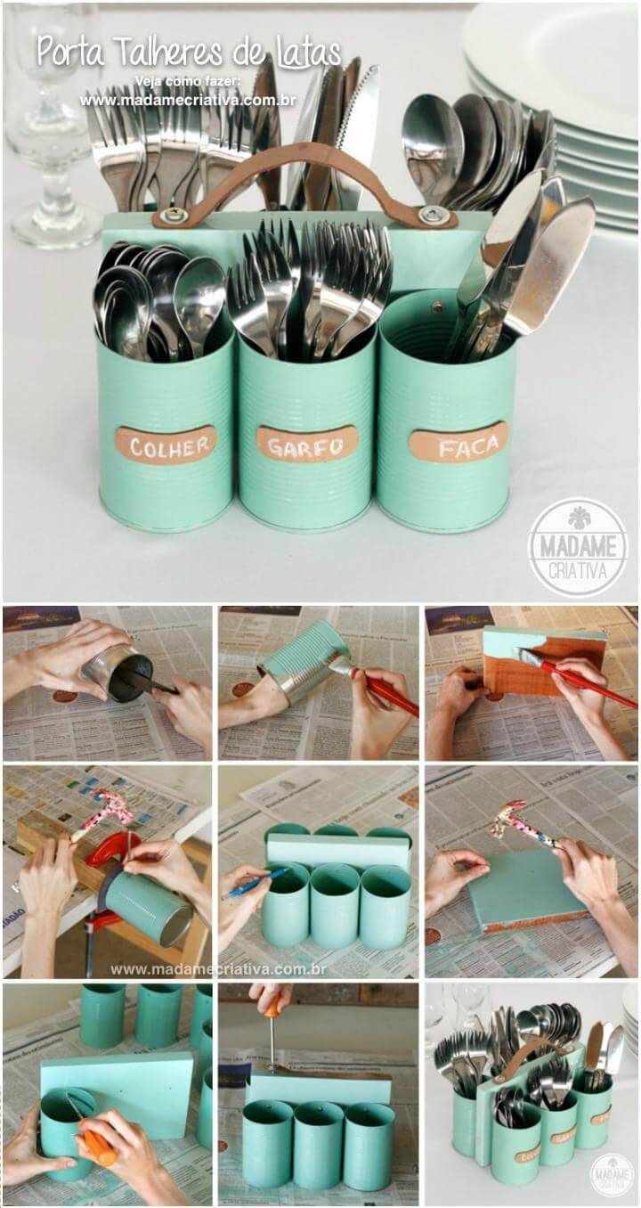 recycled tin can cutlery holder