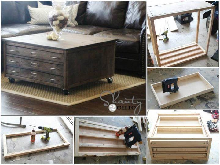 handcrafted wooden coffee table with wheels and storage