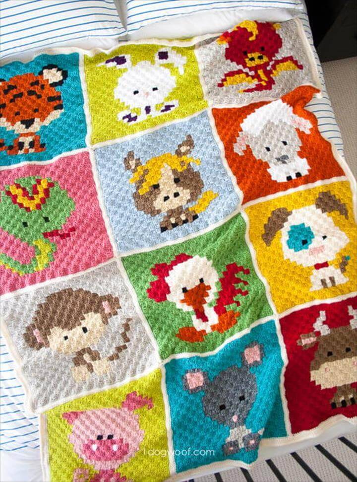 Crochet patchwork zoodiacs blanket pattern