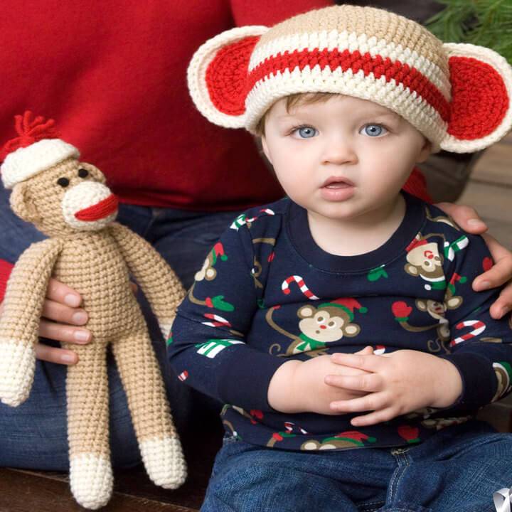 sock monkey and matching crochet baby hat