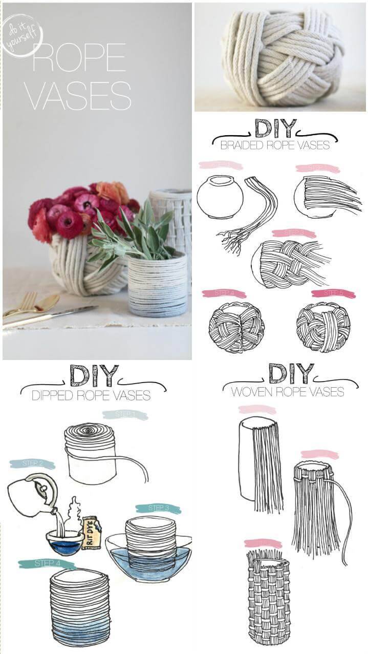 DIY braided and wrapped rope vases