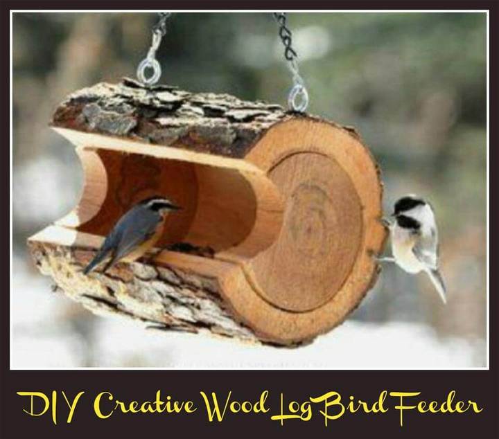 inside cut wood log bird feeder