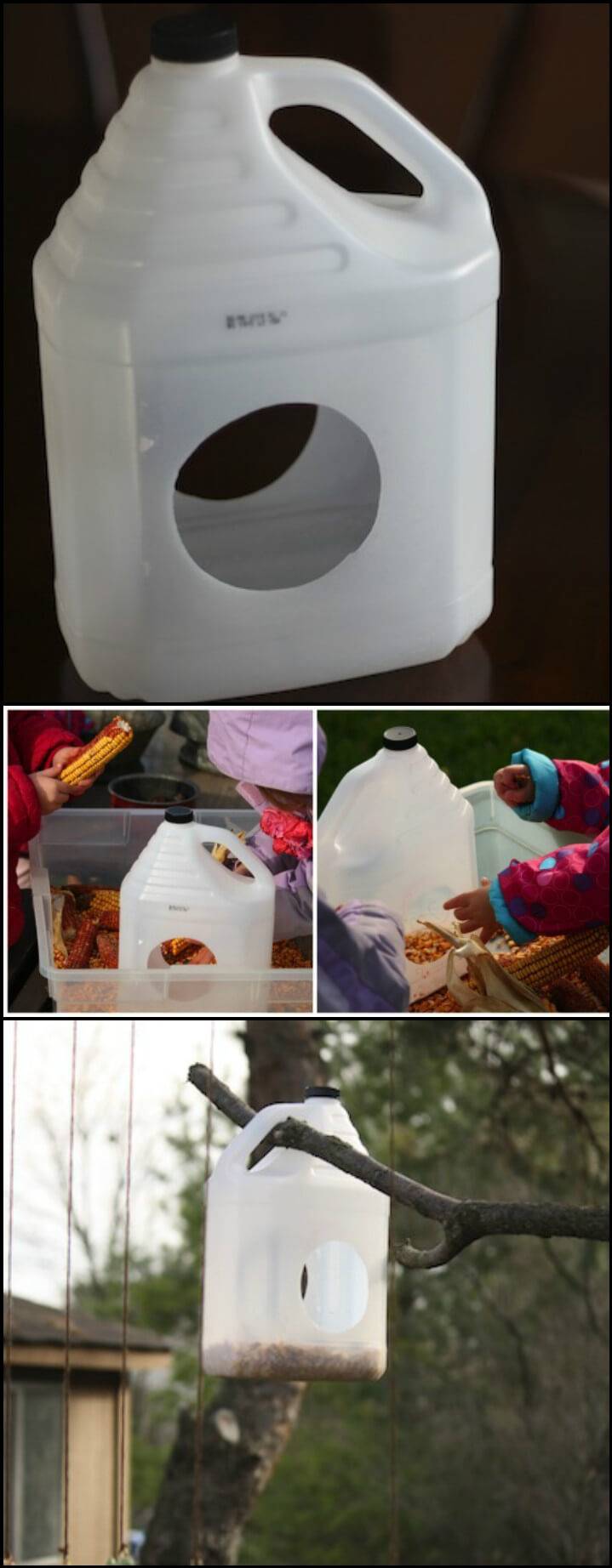 reclaimed milk jug into bird feeder