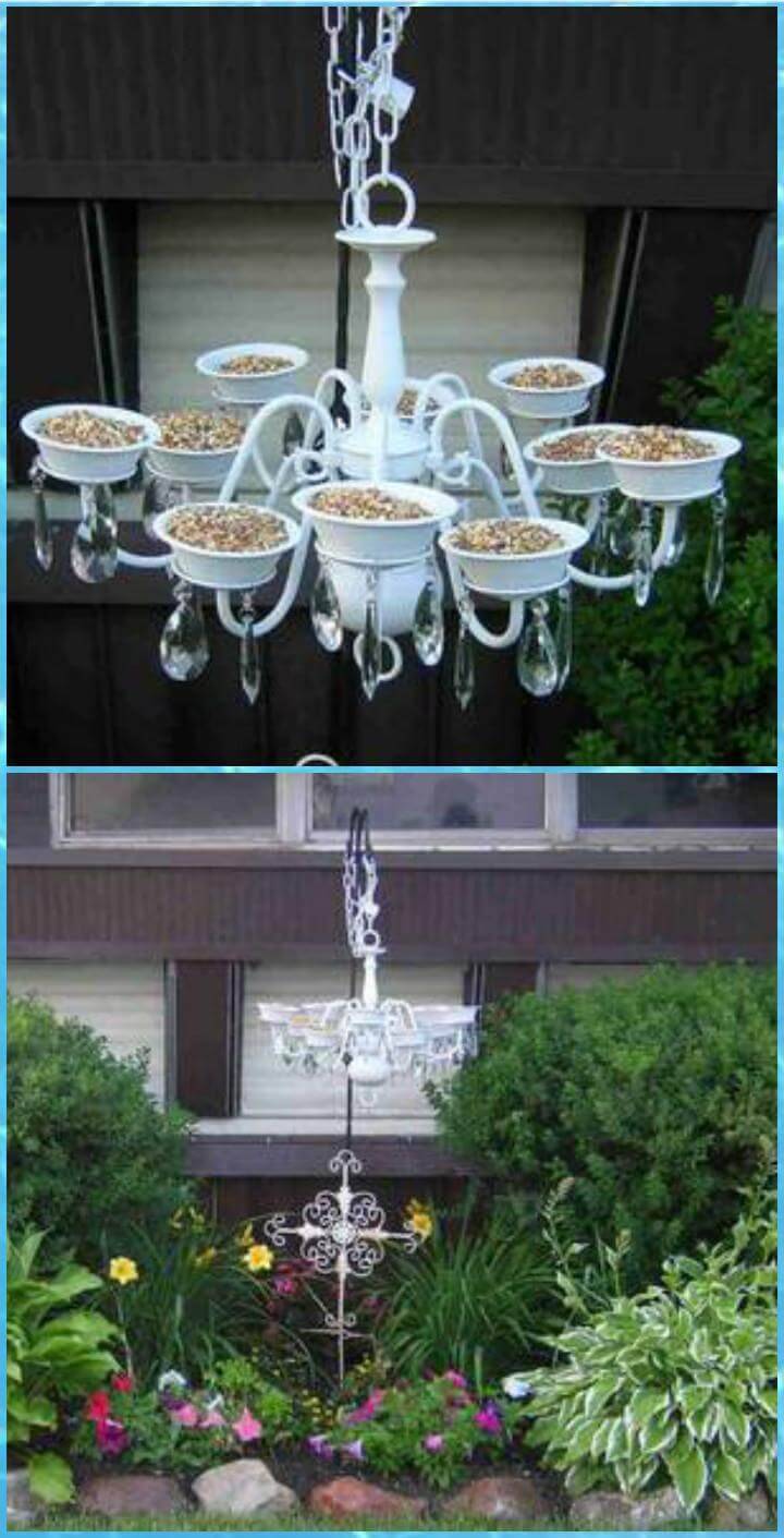 recycled old chandelier bird feeder