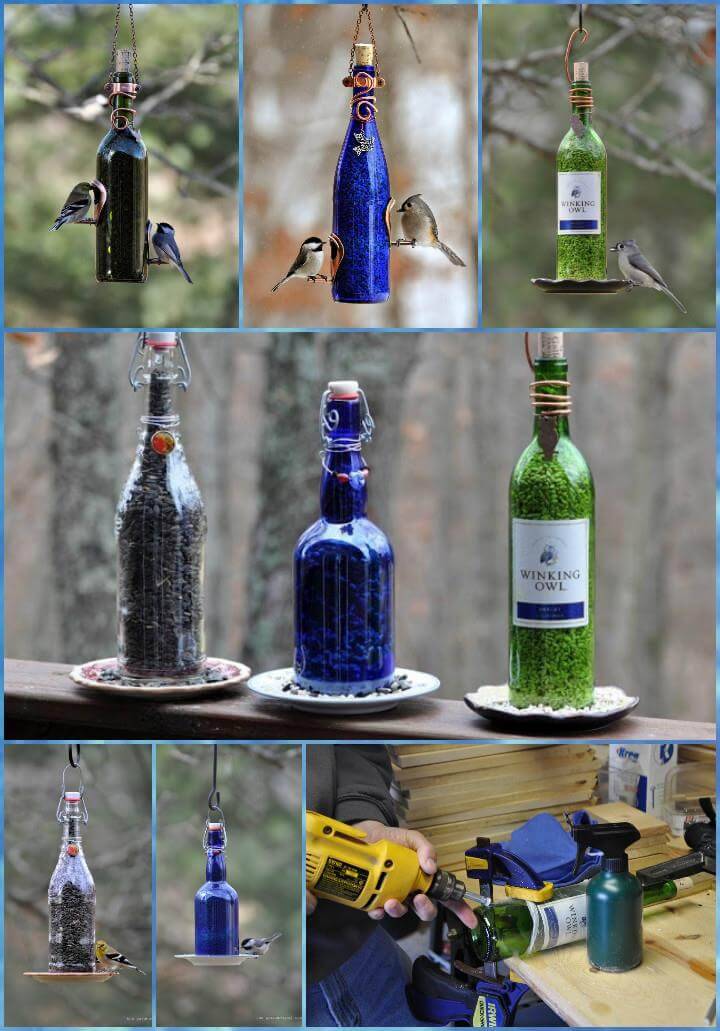 recycled glass bottle bird feeders