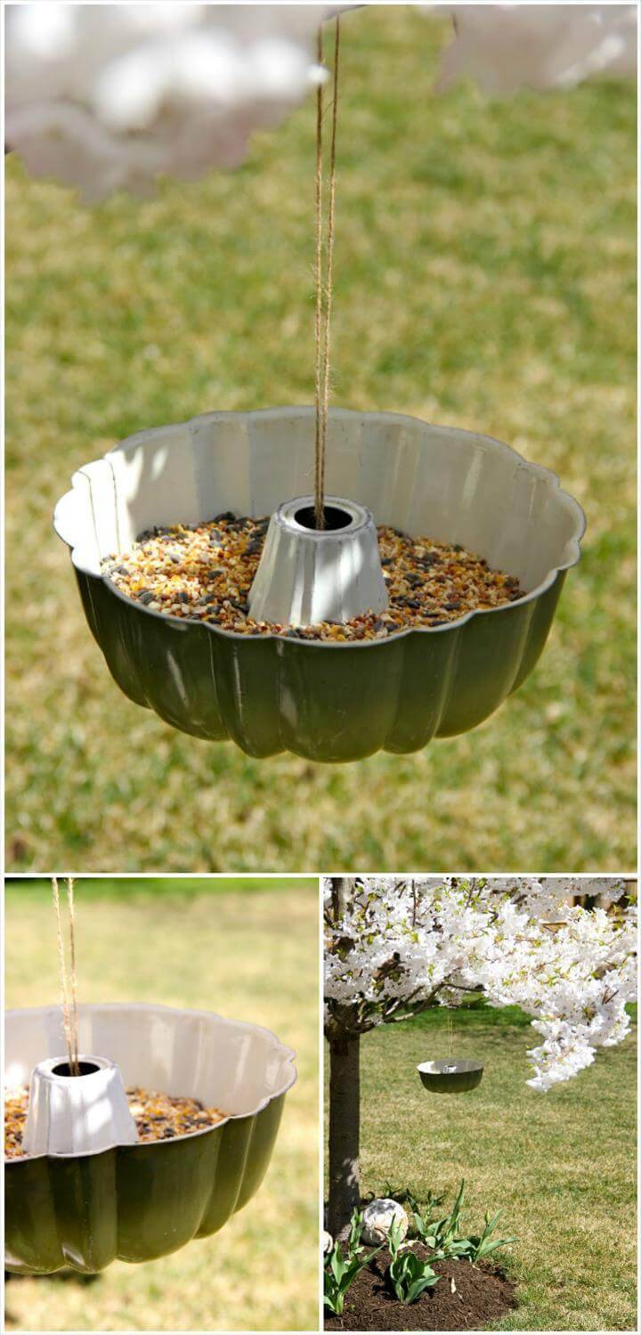recycled bundt pan bird feeder