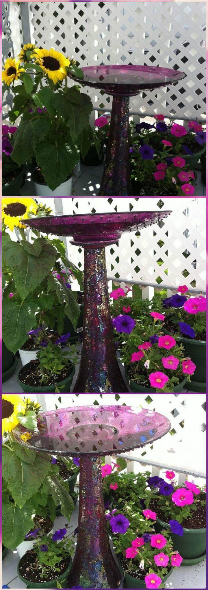 repurposed vase and plate bird feeder
