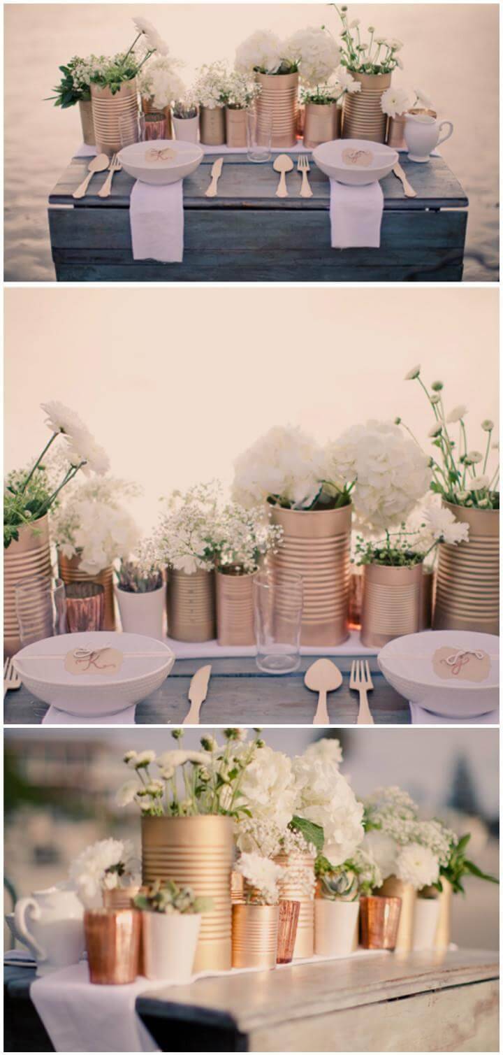 DIY painted tin cans into centerpiece vases
