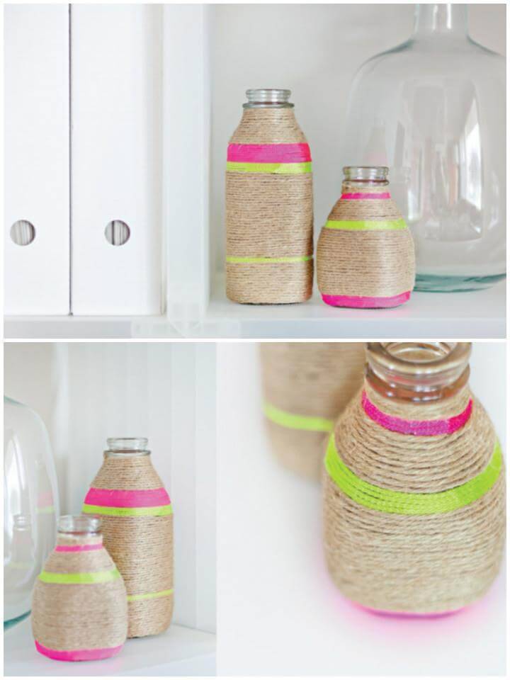 Self-made Twine wrapped milk bottle vases