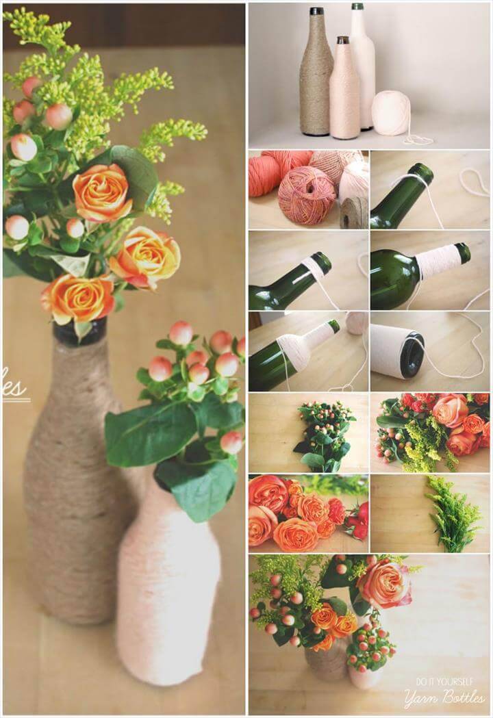 repurposed bottle yarn flower vases