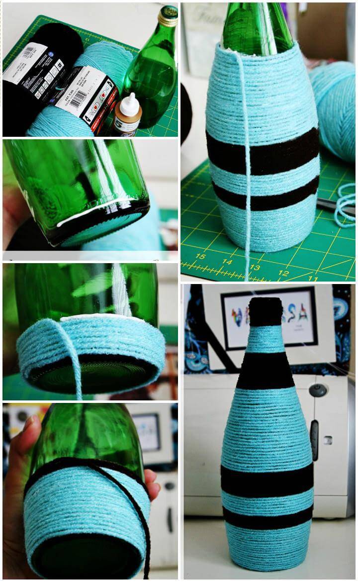 DIY yarn wrapped old bottle vase