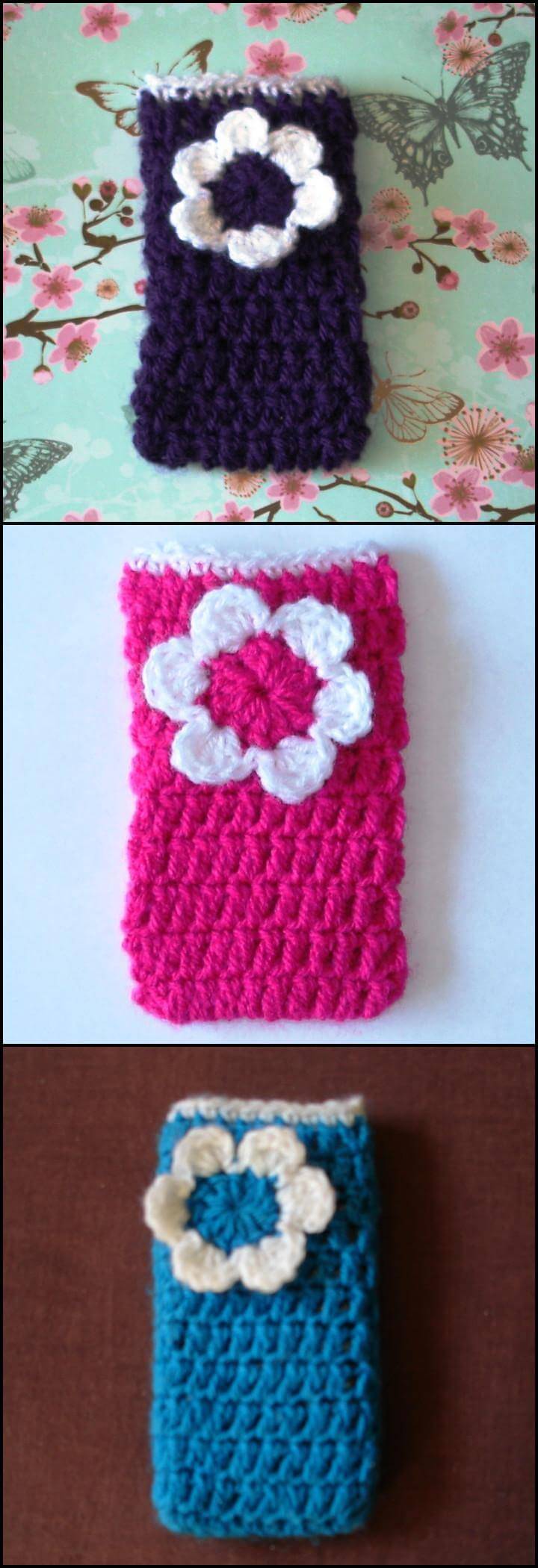 crochet cell phone cozy with flower on the top
