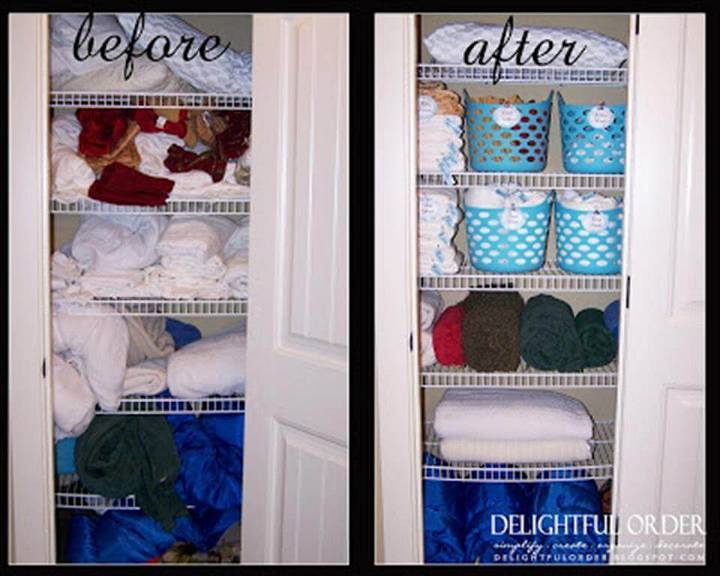 DIY bathroom linen closet organization