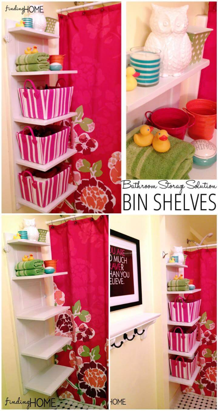 self-installed bathroom storage bin shelves