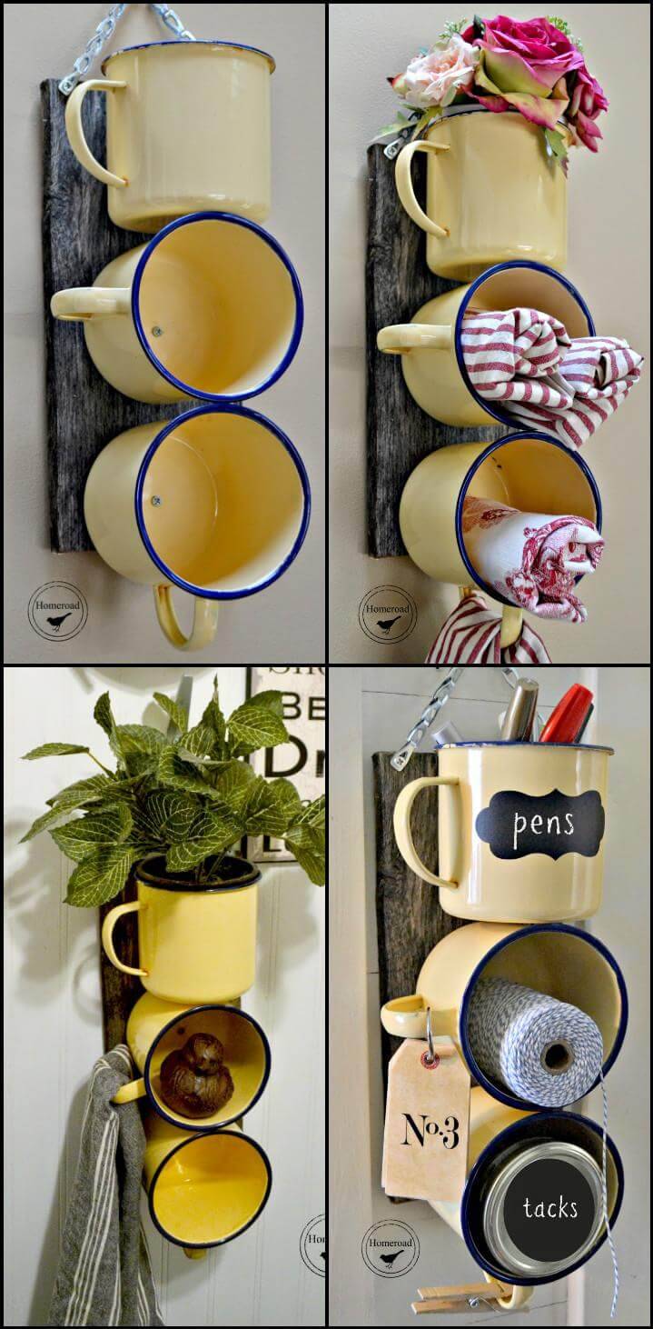 repurposed enamel mugs organizer