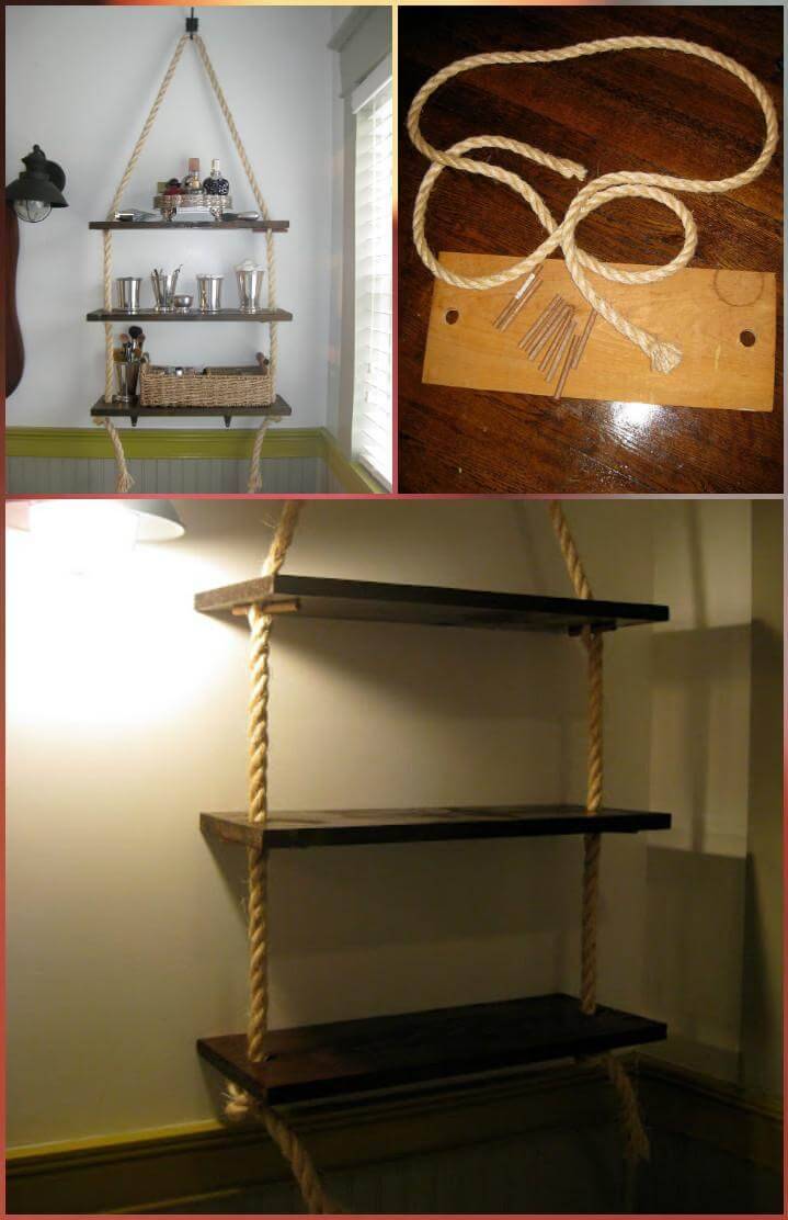 repurposed old wood and rope bathroom shelves