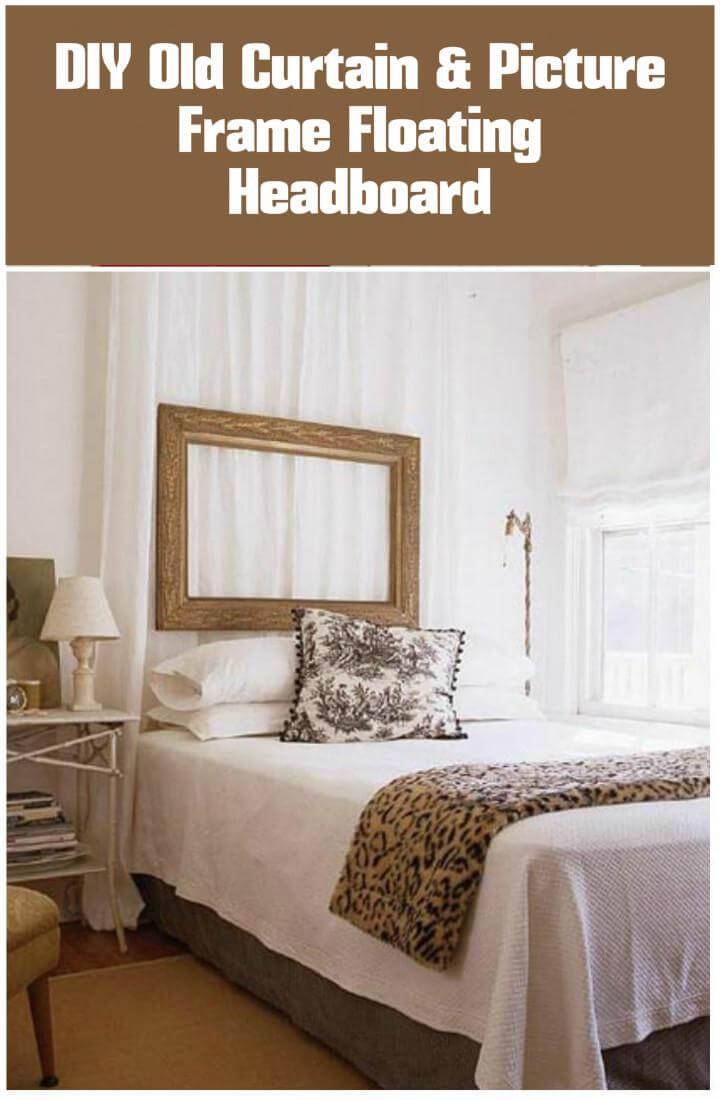 repurposed old curtain and old picture frame floating headboard