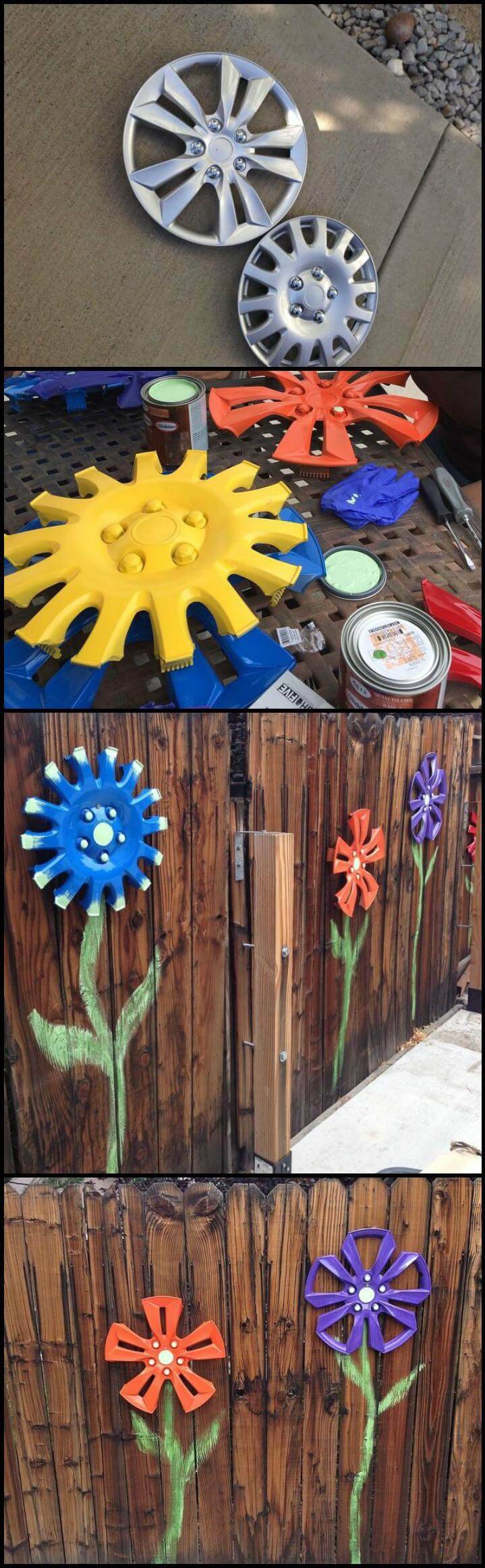 DIY painted wheel cover fence flowers