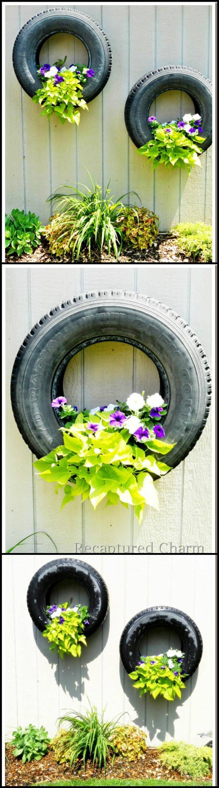 reclaimed tire hanging fence planters