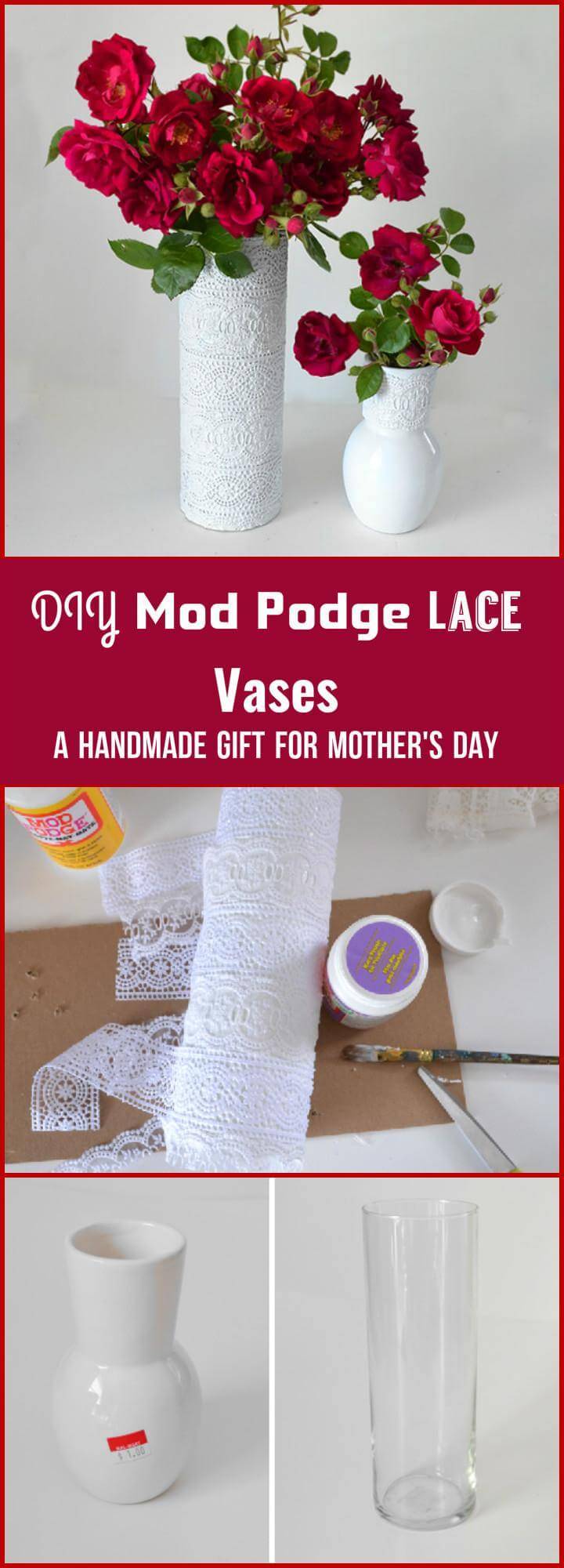 DIY mod podge lace vases Mother's Day gift