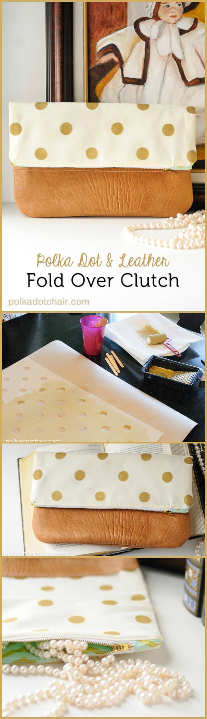 DIY polka dot and leather fold over clutch Mother's Day gift
