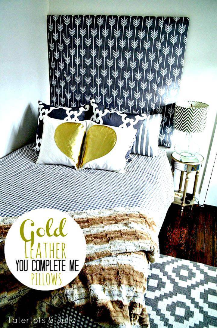 gold leather heart pillow set