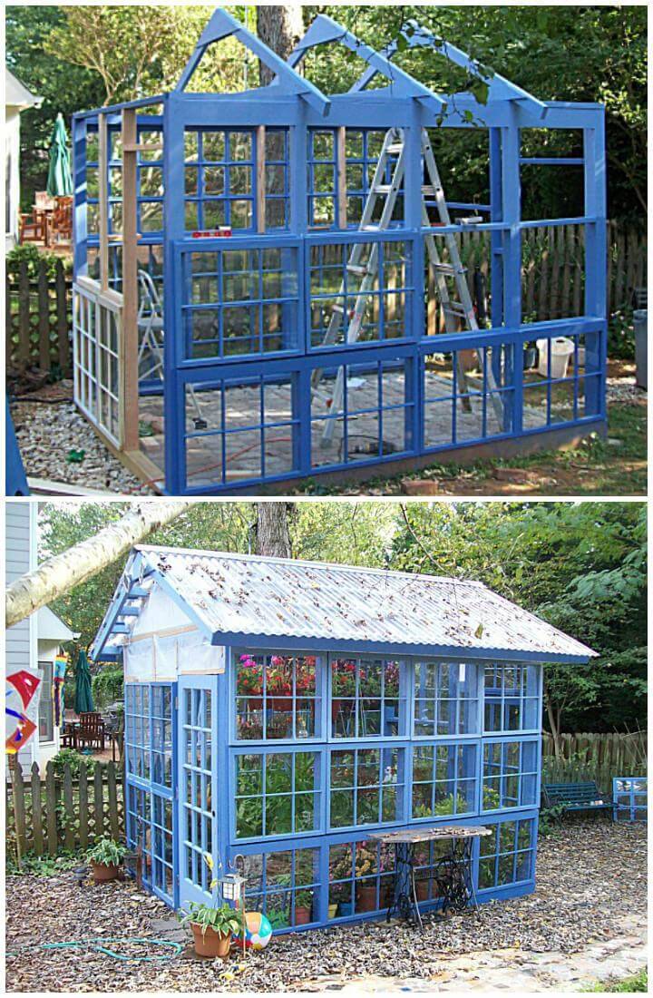 DIY Beautiful Blue Greenhouse Made of Old Windows