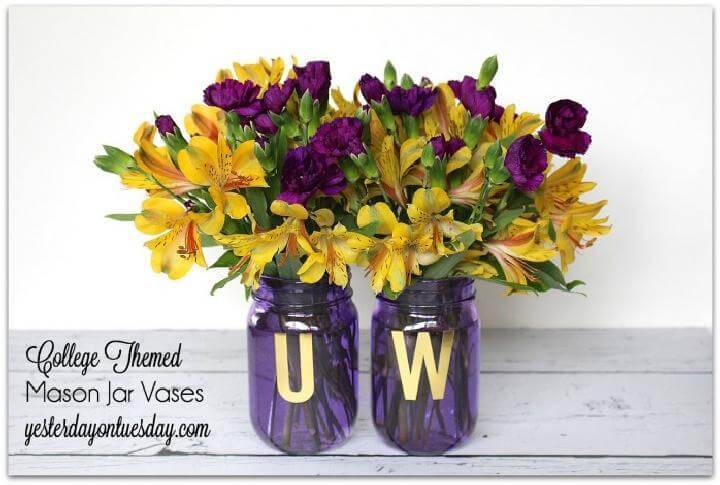 DIY College Themed Mason Jar Vases for Grad Party