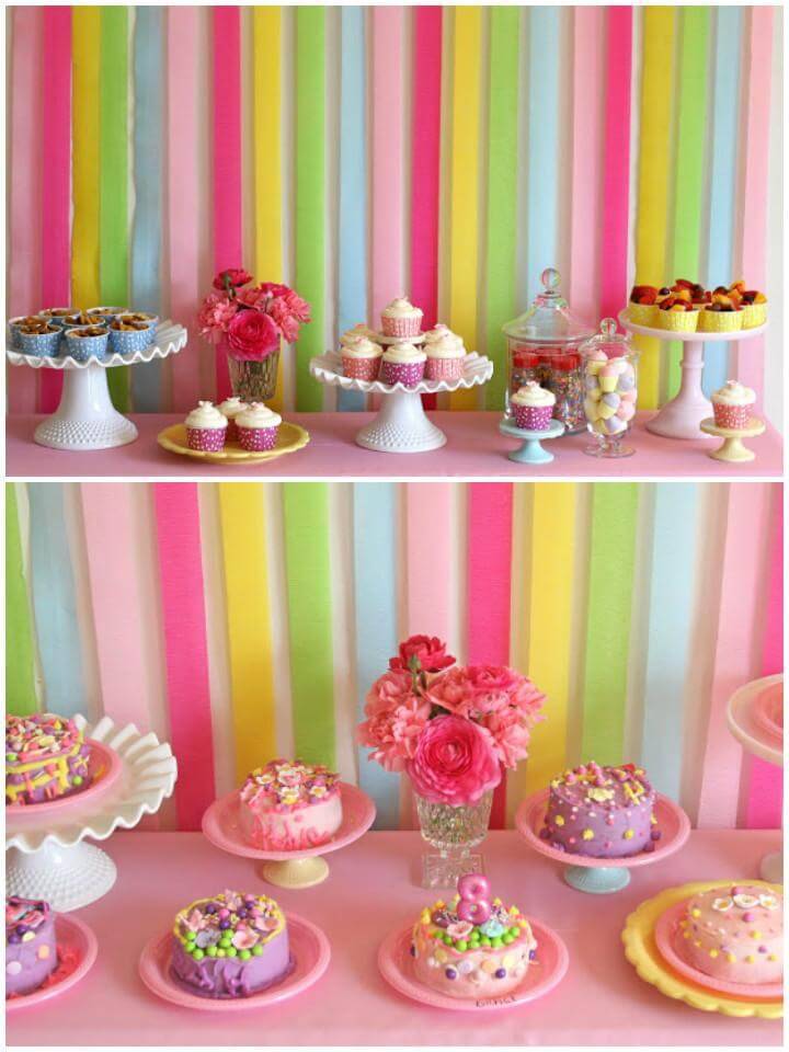 DIY Paper Ribbon Colorful Cakes and Candies Backdrop