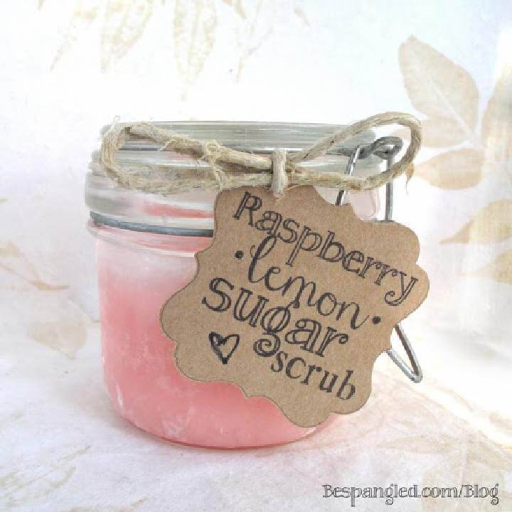 DIY Raspberry Lemon Sugar Scrub in etched glass jars. Recipe + tutorial!