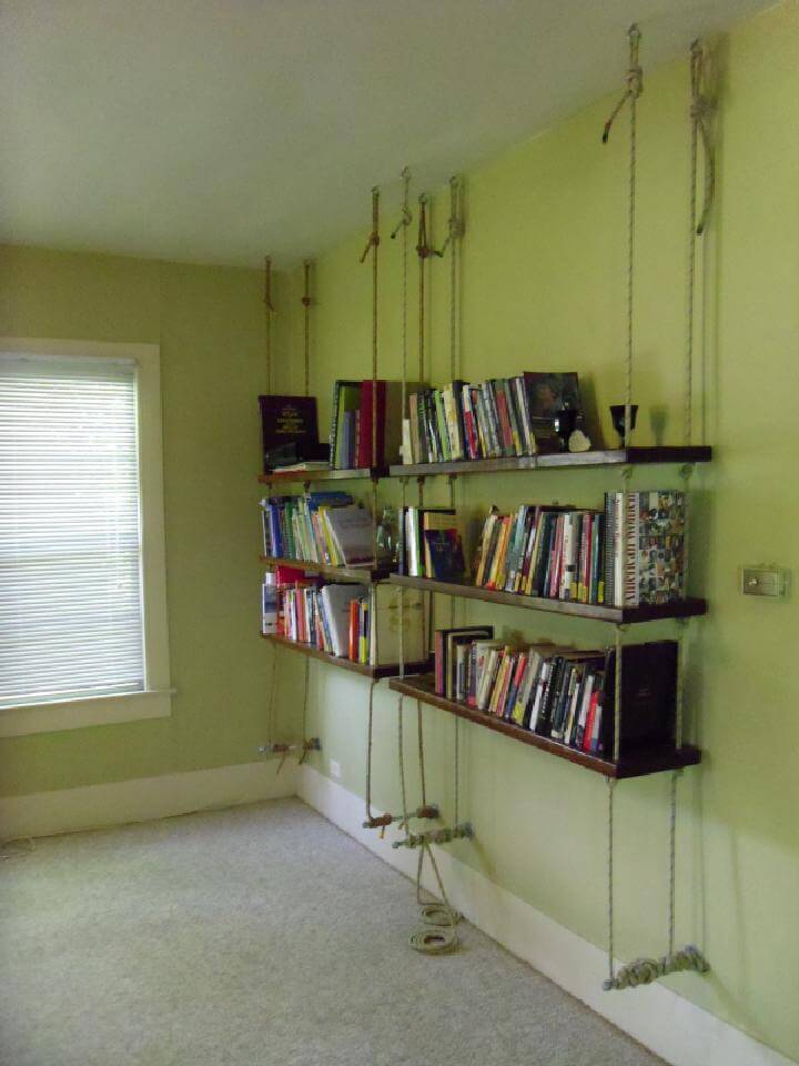 DIY Rope Hanging Bookshelves