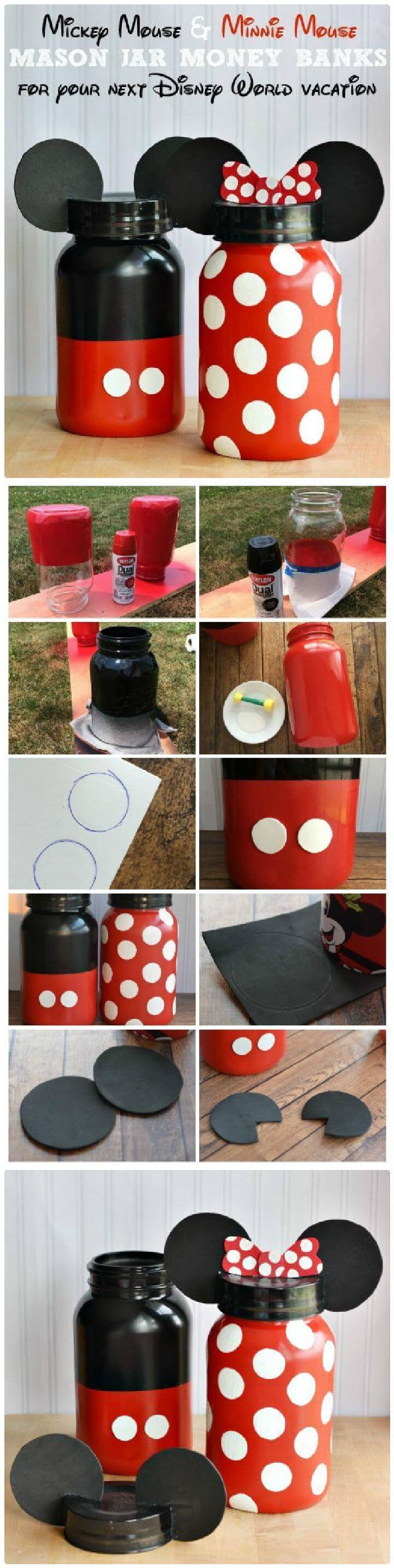 DIY Adorable Minnie and Mickey Mouse Mason Jar Money Banks